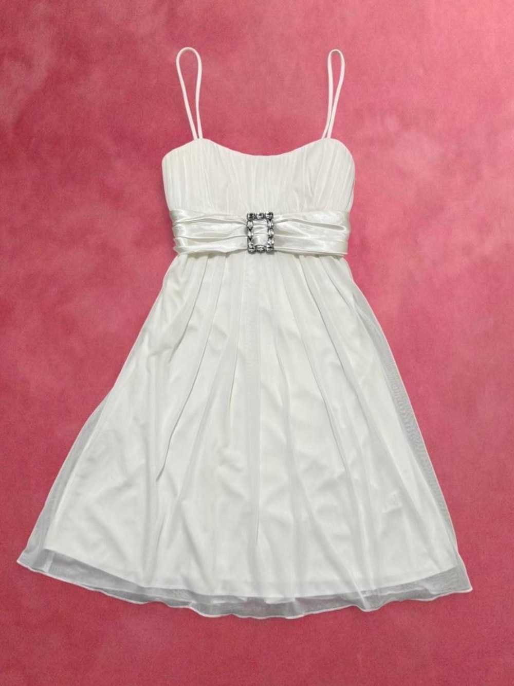 Ivory Spaghetti-Strap Mini Dress with Jeweled Waist